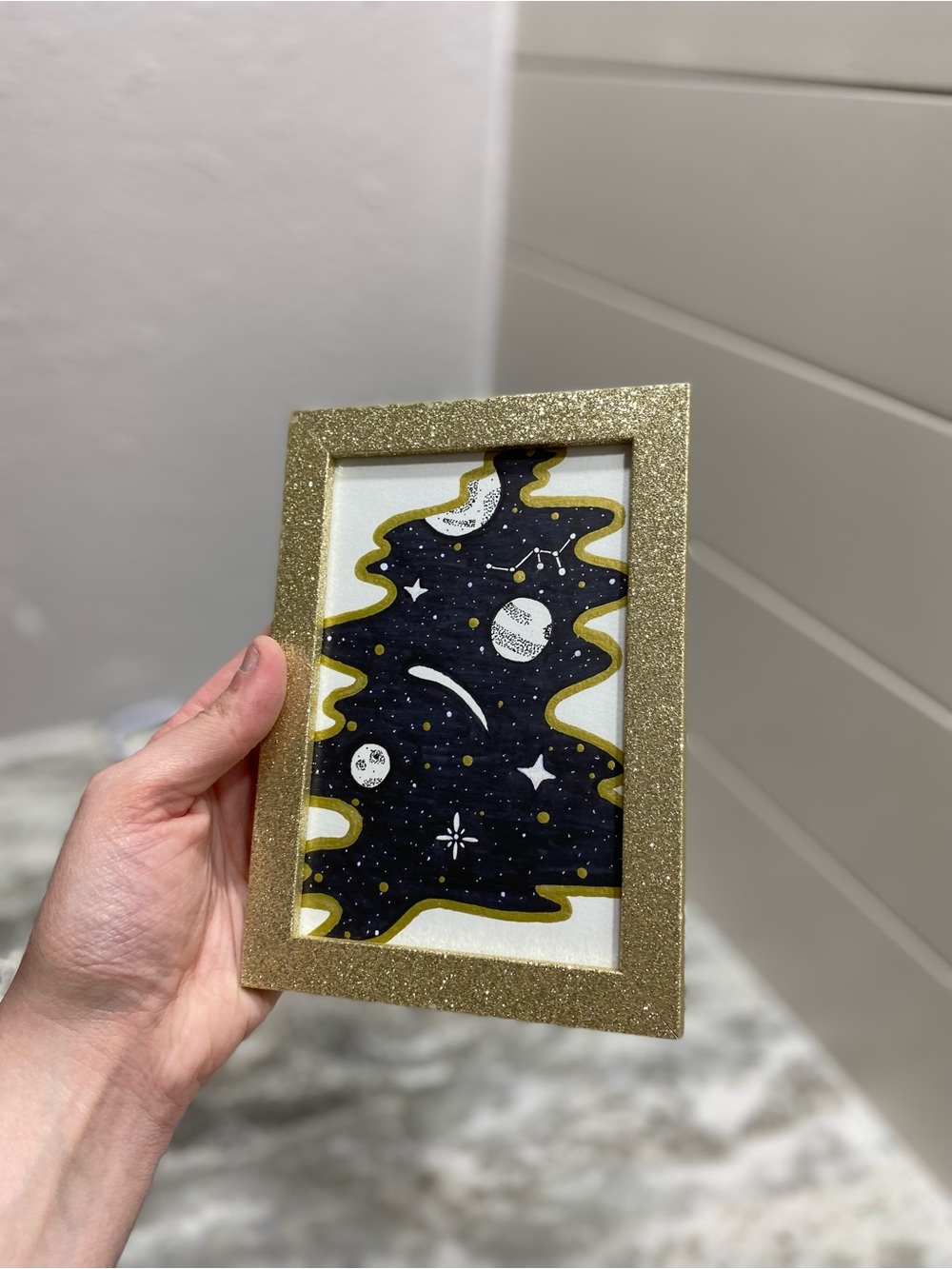 Hand Crafted Black & White Space Illustration w/ Gold Glitter Frame - Picture 6 of 8